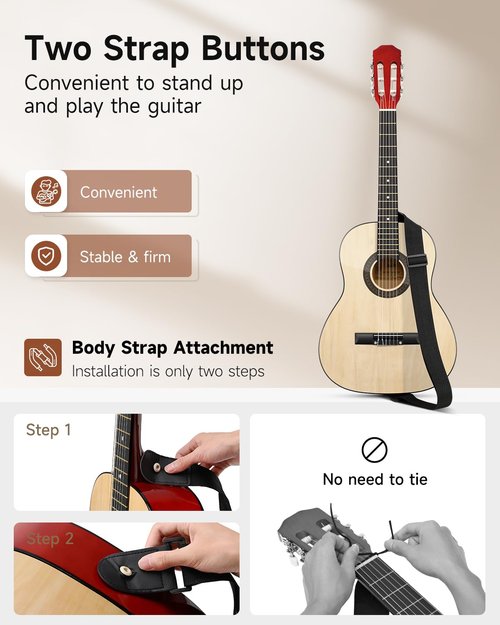 Moukey 36 Inch Acoustic Guitar for Beginners Kids Youth 3/4 Size Dreadnought Travel Guitarra Acustica Kit with Chord Poster, Gig Bag, Tuner, Picks, Nylon Strings, Capo, Strap - Natural