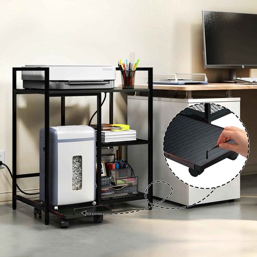 TC-HOMENY Printer Stand with Pull-out Shelf, 3-Tier Multi-Functional Home Printer Stand with Charging Station (Black)
