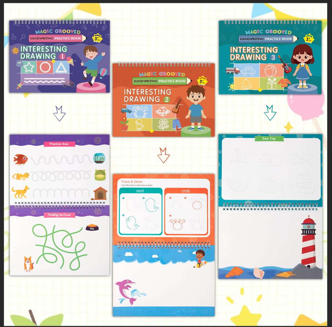 Magic Grooved Handwriting Practice Books for Kids Ages 3-8, Reusable Tracing Book, Preschool Learning Activity, Motor Skills Writing Workbook with Pencil Grips & Magic Ink Pens