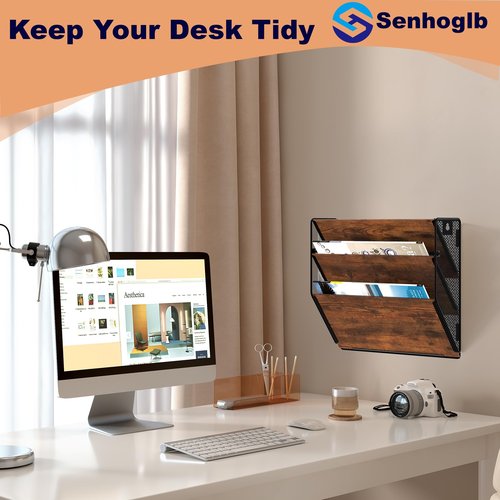 Senhoglb Metal Wall File Holder Organizer, 3-Tier Mesh Hanging Wall File Organizer, Magazine Rack with Pockets, Wood Document Holder for Office Home, Brown