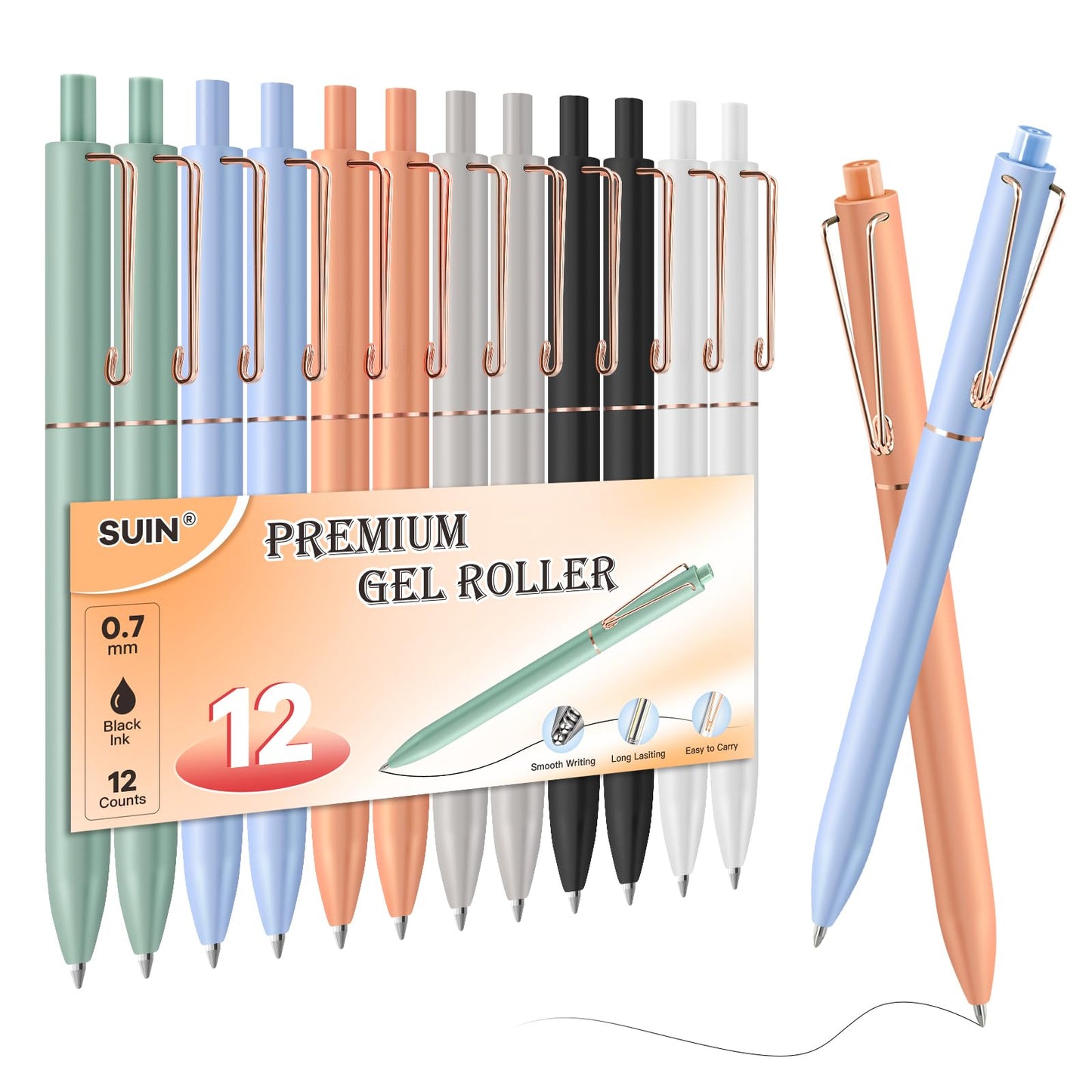 SUIN Gel Pens - 0.7mm Quick-Dry Black Ink, Retractable Rolling-Ball Gel-Pens, Medium Fine Point for Smooth Writing - Cute Office and School Supplies, Ideal Gifts for Women (12)