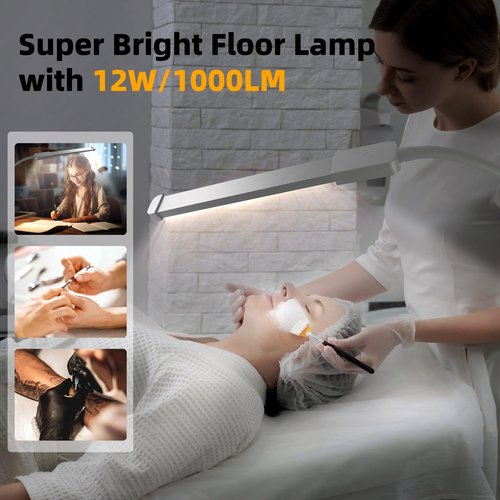 Hanaking Floor Lamp, Bright LED Lash Lamp for Eyelash Extensions, Dimmable Brightness and 3 Color Lash Light, Adjustable Height and Gooseneck for Makeup Light, White