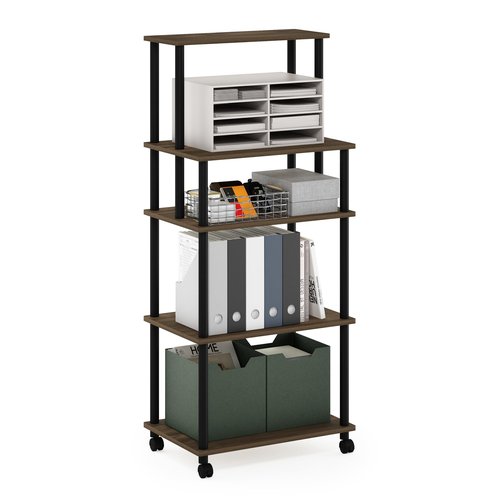 Furinno Turn-N-Tube 5-Tier Toolless Multipurpose Printer Stand Display Storage Shelf with Wheels, 16 (D) x 23 (W) x 54 (H) inches, Columbia Walnut/Black