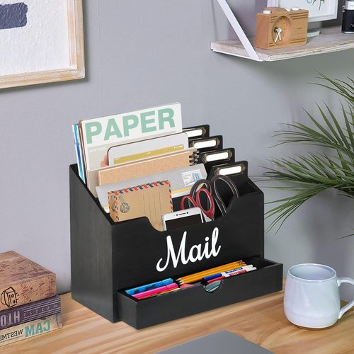 Gumihue Mail Holder with 4 Large Compartments and Drawer, Wood Mail Holder Sorter Holder,Countertop Desk Office Accessories for File Letter Paper Folder, Drawer Storage