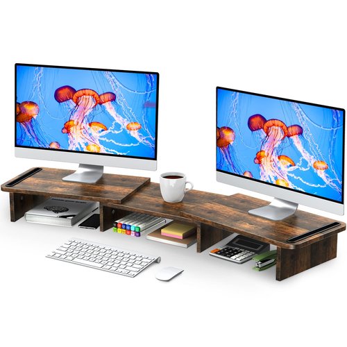 Zimilar Dual Monitor Stand Riser, Monitor Stand with Adjustable Length and Angle, Wood Monitor stand for desk, Monitor Riser for 2 monitors with Storage Space(Rust Brown Large)
