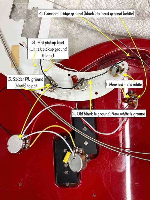 SAPHUE PB Bass Wiring Harness Prewired Kit for Precision Bass Guitar Big 250K Pots 1 Volume 1 Tone Jack