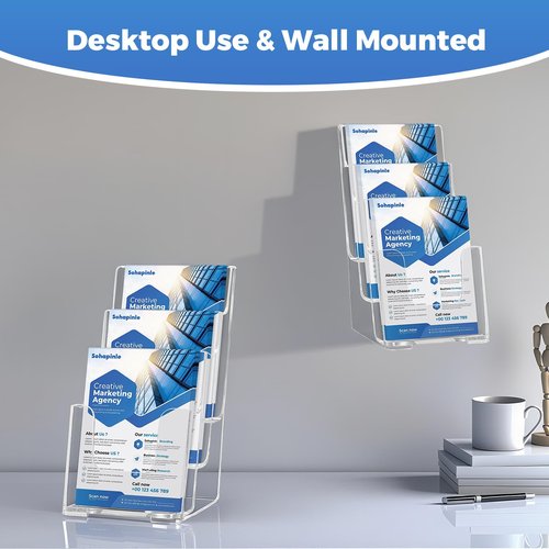 3 Tier Acrylic Brochure Holder 4 x 9 Inches 2 Pack Clear Literature Holders Plastic Flyer Display Stand Thicker Countertop Organizer for Pamphlets Magazines Booklets Menus, Desk & Wall Mount