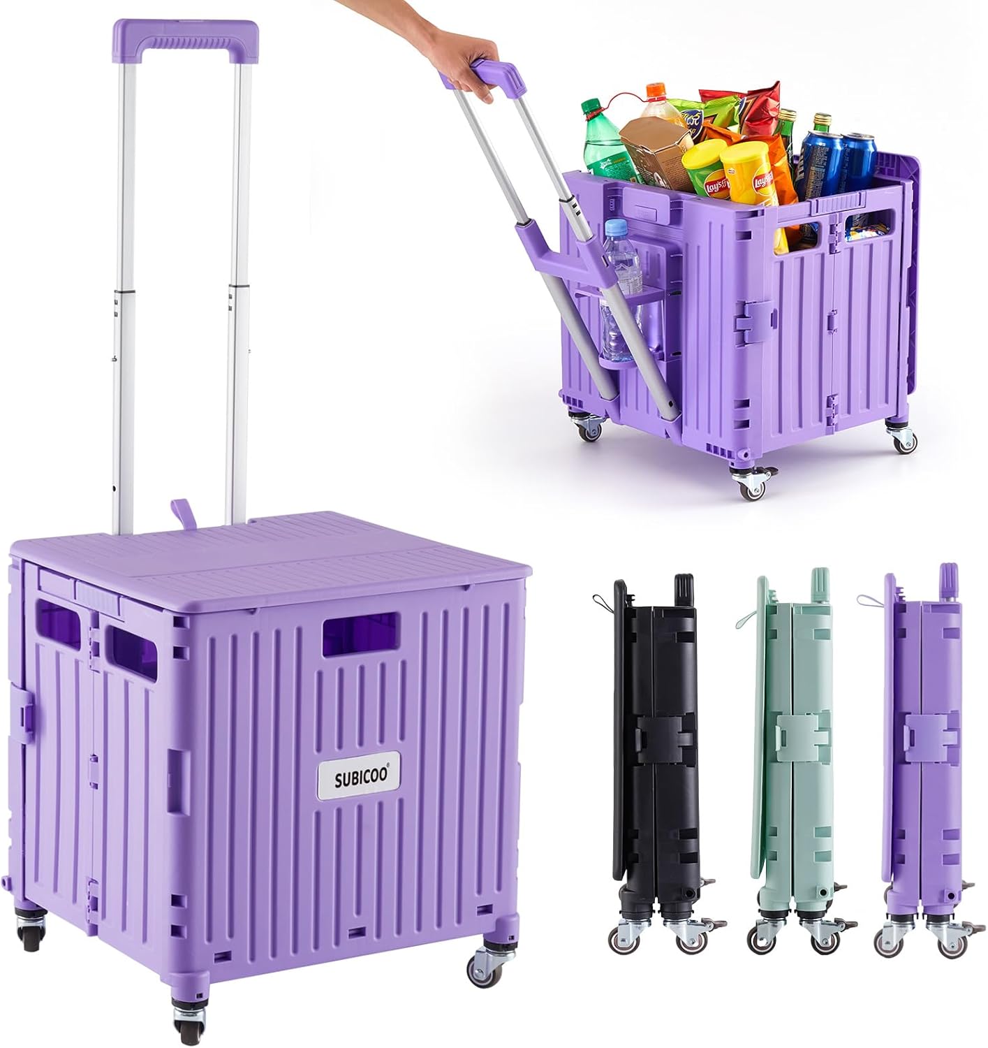 Skiennix Folding Utility Cart - Portable Rolling Handcart with Lid & 4 Swivel Wheels | Purple