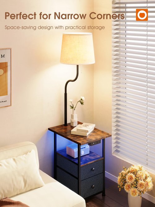 addlon Floor Lamp Side Table with Night Light,Night Stand with Charging Station and LED Bulb, 3-Color Adjustable Lighting Beside Table with 2 Deep Drawers, End Tables Living Room,Bedroom-Rustic Brown