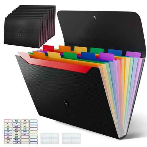 10 Pack Accordion File Organizer with Labels, 13 Pockets Expending File Folder, Binder for Document Storage, Classroom, Office, Home Use, Black