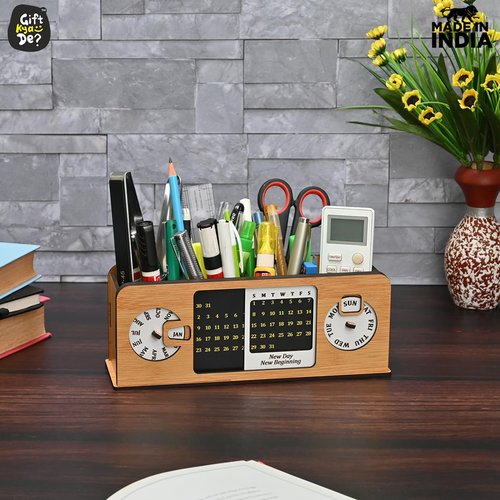 GKD MDF Wooden Desk Organizers & Pen Holder, Multi-Functional Desk Organizer for Office & Home, Eco-Friendly, Handmade Wooden Pen Stand, Perpetual Calender Wood, Gift for Students & Professionals