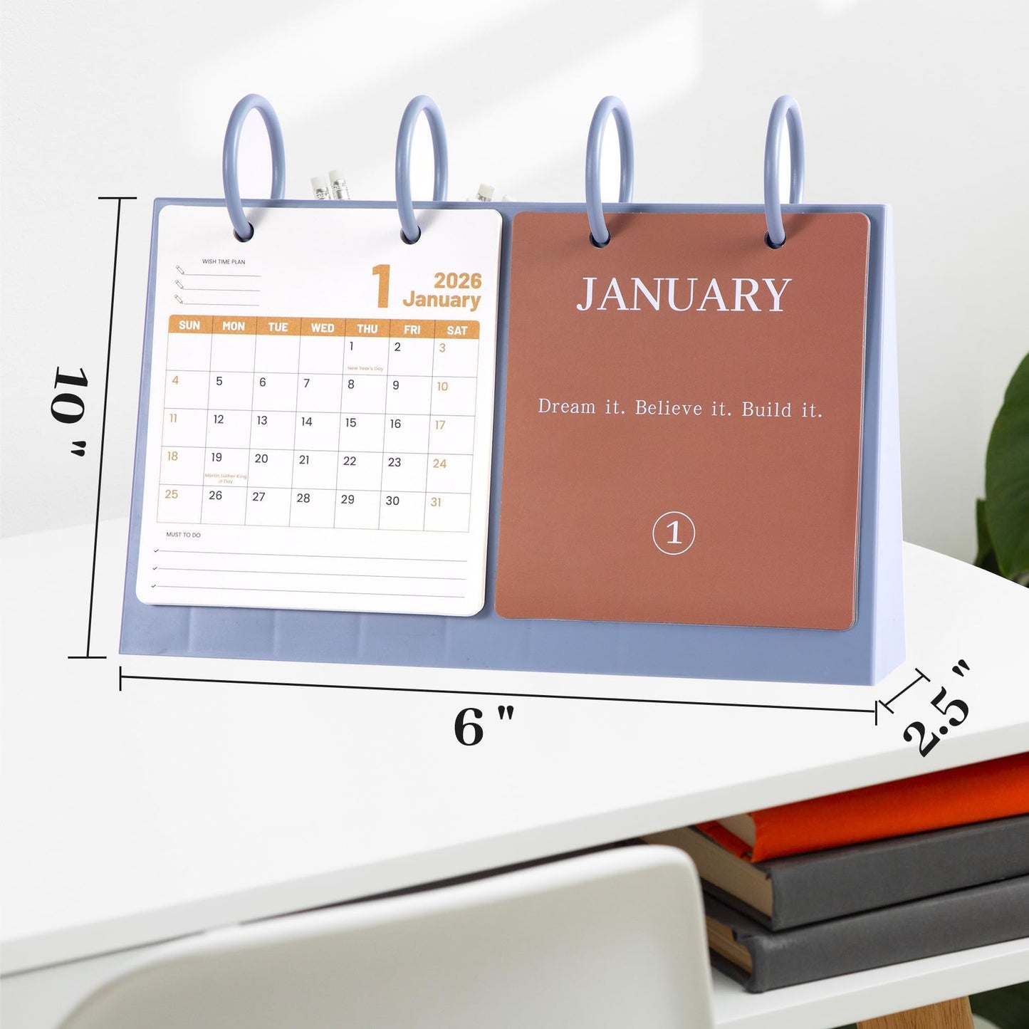 Bibiage 2026 Small Desk Calendar - Mini Flip Standing Desk Calendar with Motivational Quotes, Stable Plastic Base Desktop Calendar, Cute Desk Decor for Home Office School, Pink 10" x 6", Blue