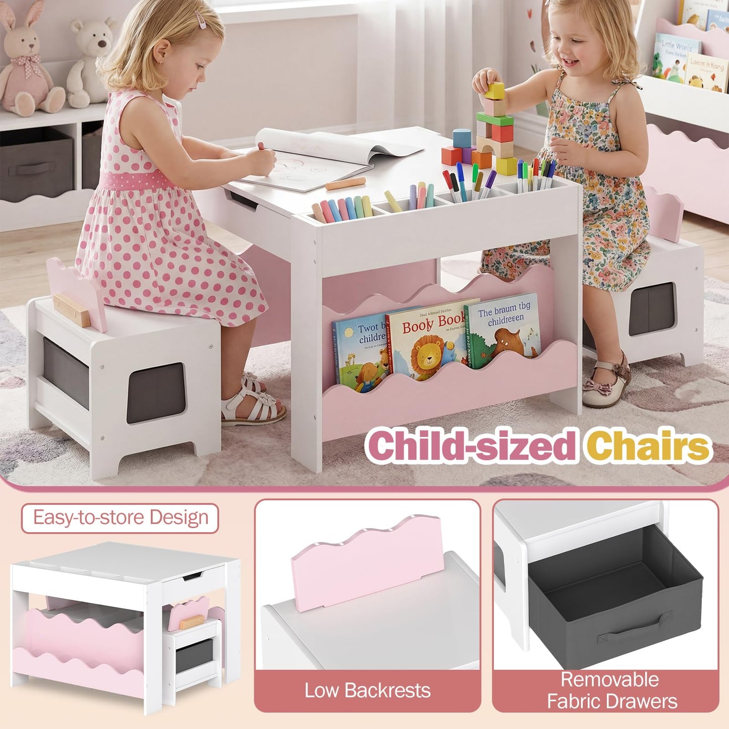 Costzon Kids Table and Chairs, Wooden 4-in-1 Activity Desk Set w/Double-Sided Tabletop, Chalkboard, Bookshelves, Small Compartments & Fabric Drawers, Children Furniture Set for Art & Crafts (Pink)