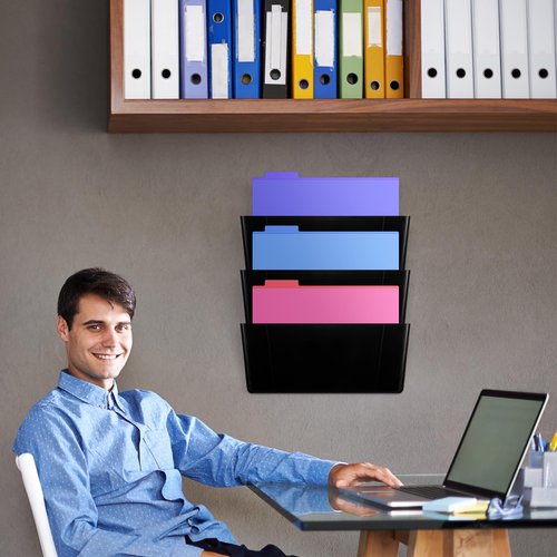 Threehoney 3 Pcs Black Single Pocket Wall Mount File Holder Legal Size Plastic Office Wall Organizer with Double Sided and Screws Hanging File Organizer Mails Wall Folder Holder for Office and Home