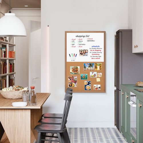 Combination Magnetic Whiteboard Cork Bulletin Board, 36x24 Inches Combo Dry Erase White Board Cork Pin Board for Wall with Natural Wood Frame…
