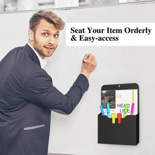 MoKo Magnetic File Holder, A4 Large Size Refrigerator Storage Organizer Magnet Pencil Cups Marker Paper Letter Pen Holder Stationery Supplies for Classroom Office Home, 2 Pack, Black