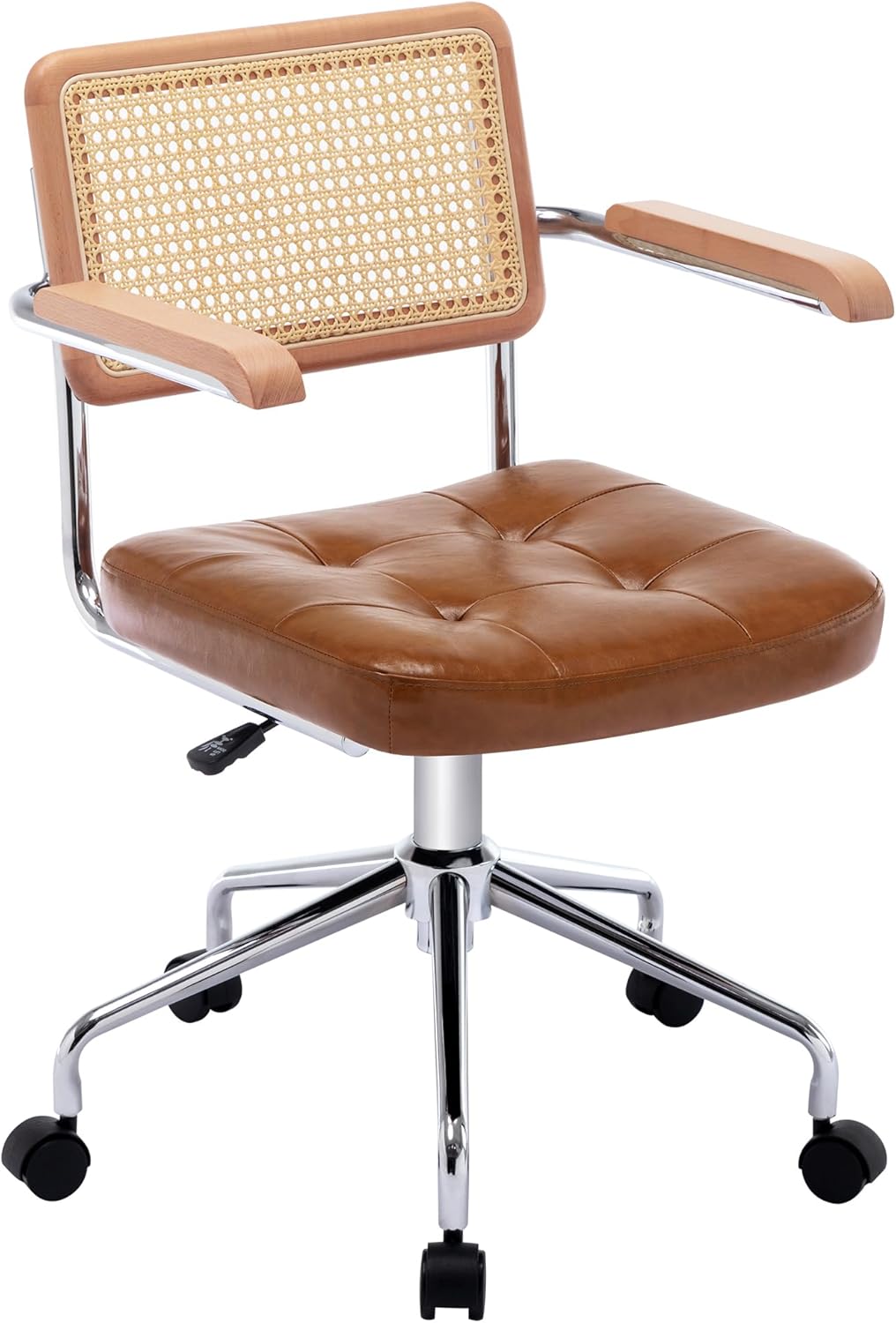 Zesthouse Leather Office Desk Chair - Mid Century Rolling Design with Wood Arms & Rattan Back | Brown