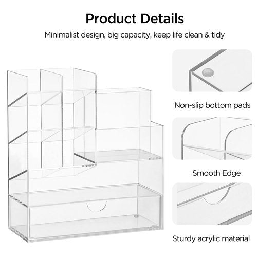 HBlife Acrylic Multi-Functional Pencil Organizer with Drawer, Large Clear Pen Holder for Desk, Desk Organizers and Accessories for Office Art Supplies, School and Home