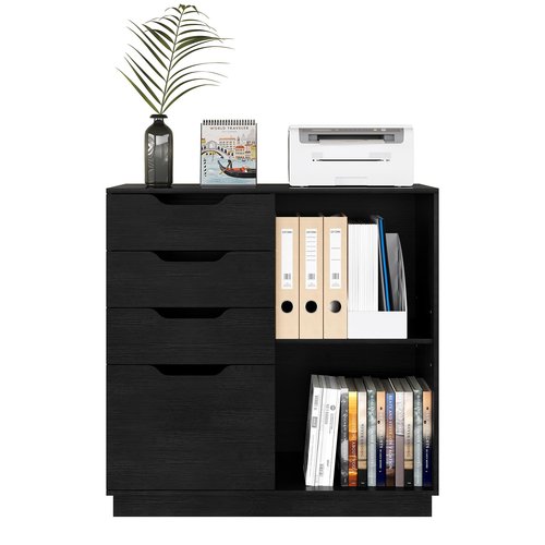 Senhoglb Lateral File Cabinet with 4 Storage Drawers, Large Office Printer Stand for Letter A4 Size File Folders, Adjustable Shelf, Black
