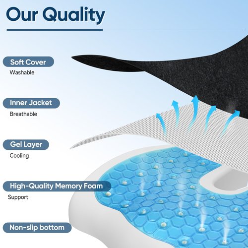 EVECOZY Gel Seat Cushions for Office Chairs Tailbone Pain Relief/Pressure Relief/Sciatica Pain, Memory Foam Breathable Chair Cushions for Back Pain/Butt Pillow Fits Computer Chair/Car/Wheelchair