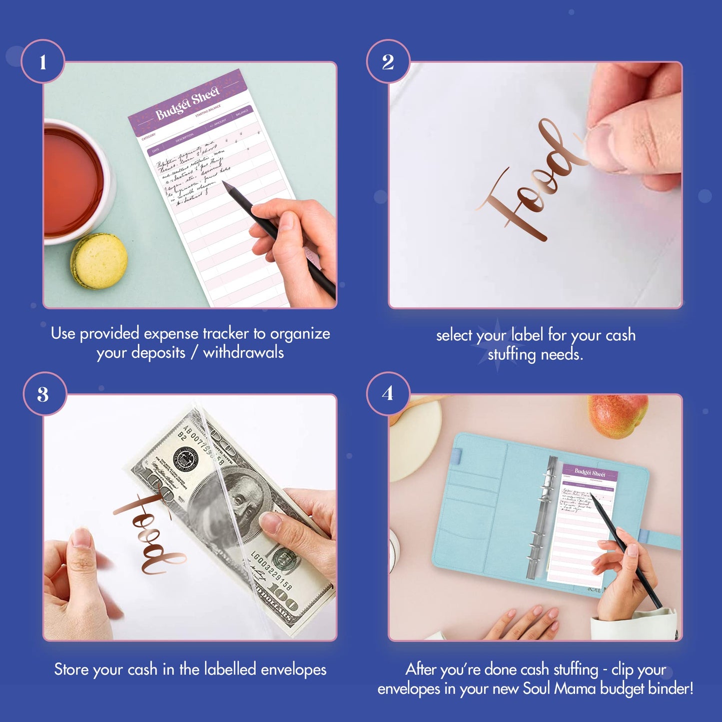 SOUL MAMA Budget Binder with Cash Envelopes - Blue Money Organizer for Cash, A6 Binder Cash Envelopes for Budgeting, Money Saving Binder with Rose Gold Stickers