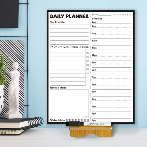 JJPRO Reusable Desktop Daily Hourly Planner with Stand,Reusable Desk Hourly Notepad,Hourly Dry Erase Board with Stand,11"x 8.5"Desk Hourly Planner with Detachable Engineered Wood Stand for Office, Home