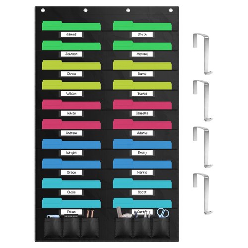 ZKOO 20 Pockets Hanging Wall File Organizer for A4 Size Paper/Legal/Letter Size Document, Sturdy Wall Mail Organizer Black Pocket Great for Classroom, Office, Home Use with 4 Hangers 6 Pen Pocket