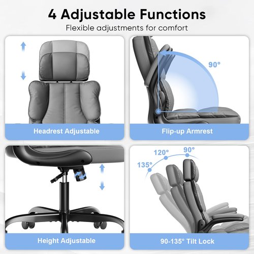 Kensaker Executive Leather Office Chair, Computer Chair with Thick Cushion & Lumbar Support, Ergonomic Desk Chair with Adjustable Headrest & Armrests,Grey