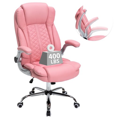 400lbs Executive Office Chair with Flip-Up Armrests, Big and Tall Computer Chair for Heavy People, Heavy Duty Ergonomic Comfy Chair, Breathable PU Leather (Pink)
