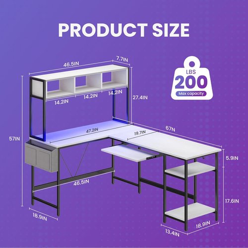 DUMOS L-Shaped Gaming Desk - 67” Reversible Computer Desk with LED Lights & Storage | White Finish