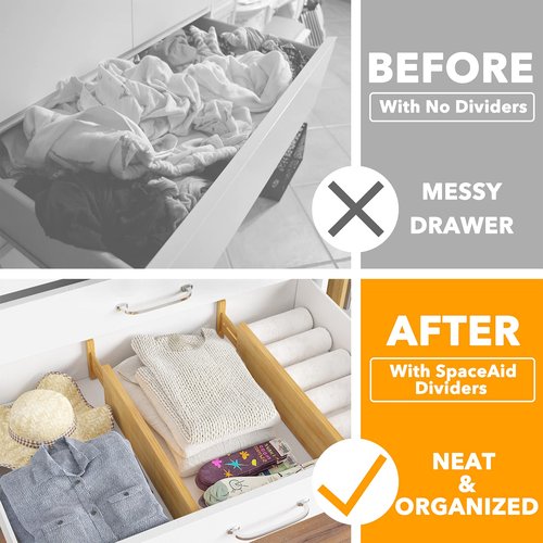 SpaceAid 4“ High Bamboo Deep Drawer Dividers with Labels, Kitchen Adjustable Drawer Organizers, Expandable Organization for Home, Office, Dressers and Bathroom, 2 Dividers (17-22 in)
