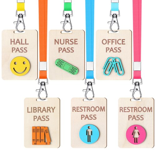 Chiisong 6 Sets Hall Pass Lanyards and School Passes Set Unbreakable Wooden Bathroom Passes for Classrooms Hall, Restroom, Library, Office and Nurse School Teacher Supplies Gift