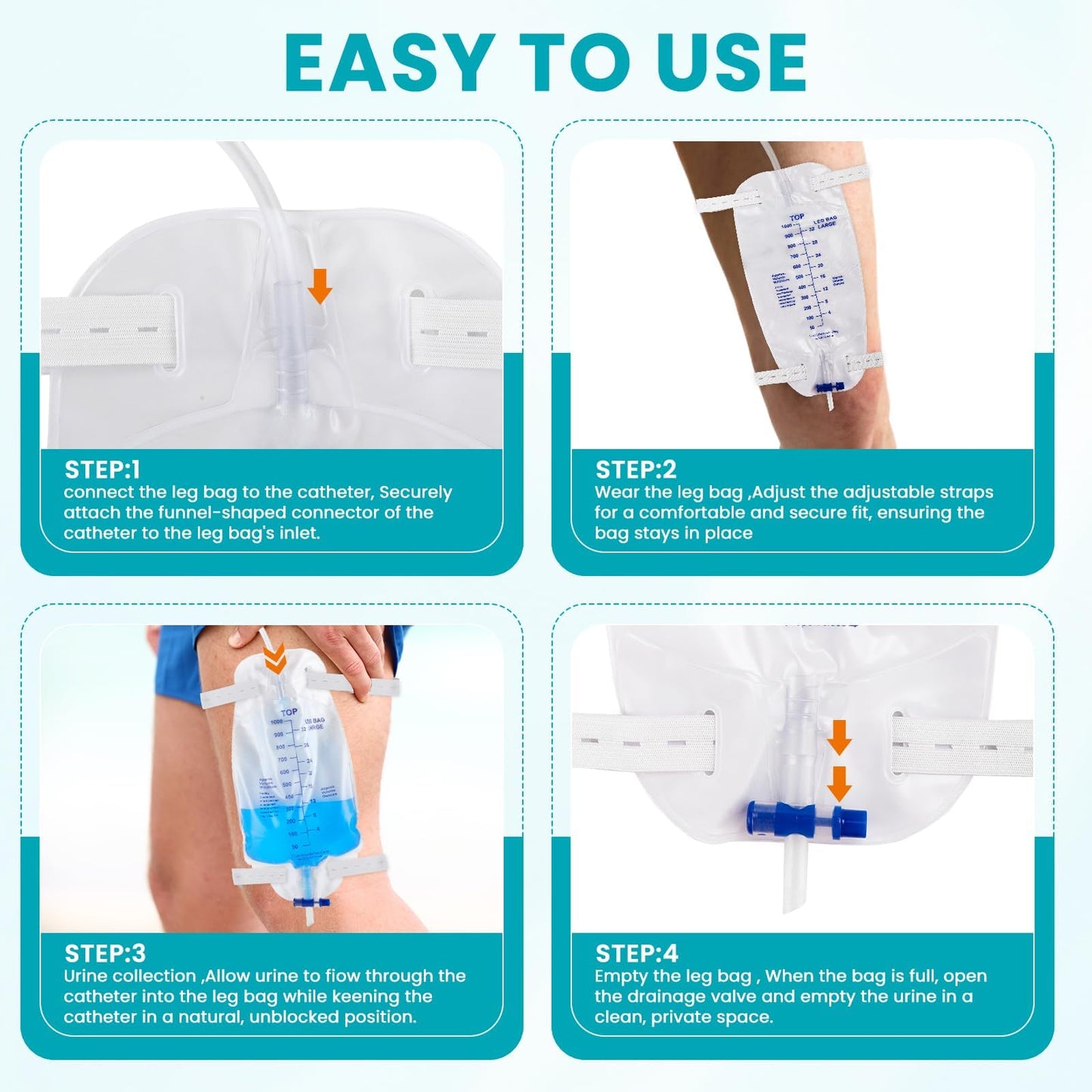 FURWEY 4-Pack Leg Bags, 1000mL, 18-inch Tubing with Anti-Reflux Valve, Sealed Separately & Single-Use, Anti-Slip Adjustable Elastic Leg Strap, One-Hand Drain Valve