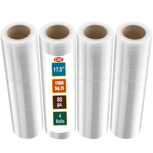 Stretch Wrap Industrial Strength 4 Pack 17.5" 1100 SqFt 80 Gauge Extra Thick (20 Micron) Shrink Wrap Roll for Moving Supplies, Furniture, Pallets, Plastic Wrap for Packing, Heavy Duty Stretch Film