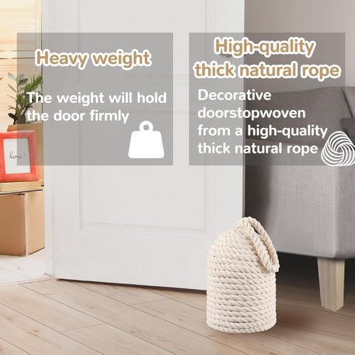 MorningRo Decorative Door Stop Rope Door Stop with Handle 4.72 ''d x 11.42''h 5.4lb Heavy Weight Stoppers for Window Wedge Bookend Home Wedge to Keep Open (White,2 Pcs)
