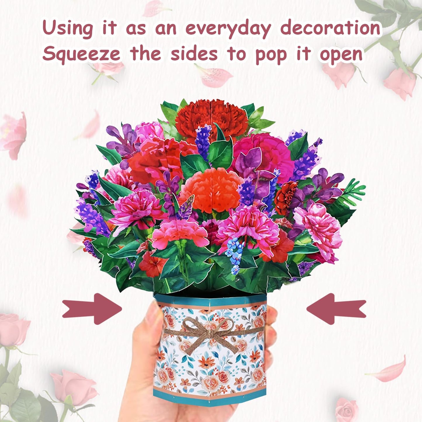 ROBBEAR Carnation Bouquet Pop Up Card, Flower 3D Greeting Card with Envelope for Any Occasion, Birthday, Mother's Day, Anniversary, Valentines Day, Foldable Flower Cards for Mother or Loved Ones