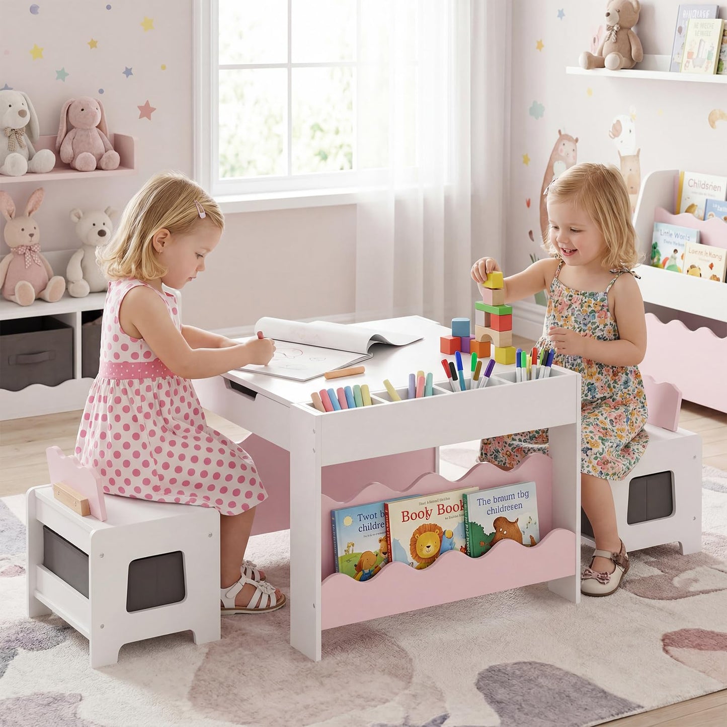 Costzon Kids Table and Chairs, Wooden 4-in-1 Activity Desk Set w/Double-Sided Tabletop, Chalkboard, Bookshelves, Small Compartments & Fabric Drawers, Children Furniture Set for Art & Crafts (Pink)