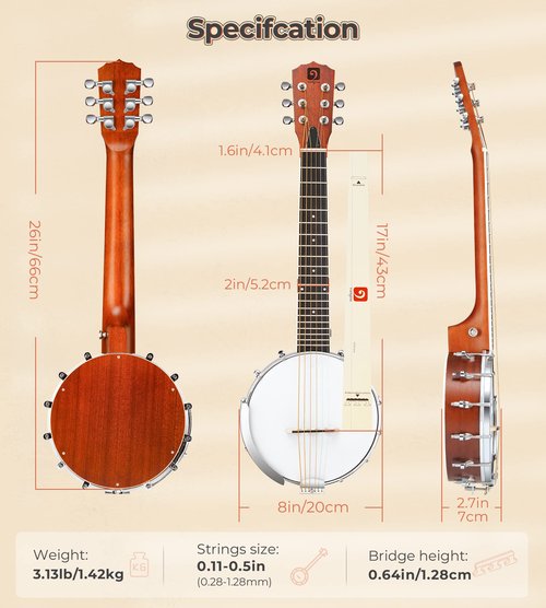 Vangoa 6 String Banjo Guitar 26 Inch, Portable Travel Banjitar Mini Banjo Beginner Kit with Arm Rest, for Teens, Adults Starter