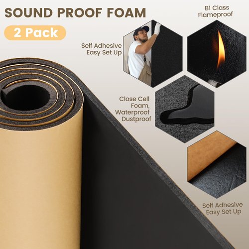 Kaqiluo 2 Pack High Density Self-Adhesive Sound Insulation Acoustic Closed Cell Foam, 0.4" x 12" x 71", 10 mm Thick,11.6 sqft Sound Proof Padding,Fire,Water Resistant Acoustic Treatment Foam