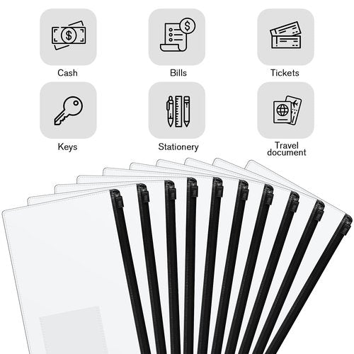Marspark 100 Pieces Clear Pencil Case Zipper Envelope Bulk with Label Pocket Clear Plastic Envelopes with Zippered, A6 Pencil Bags for Cash, School Office Supplies, 9.2 x 4.7 Inches(Black)