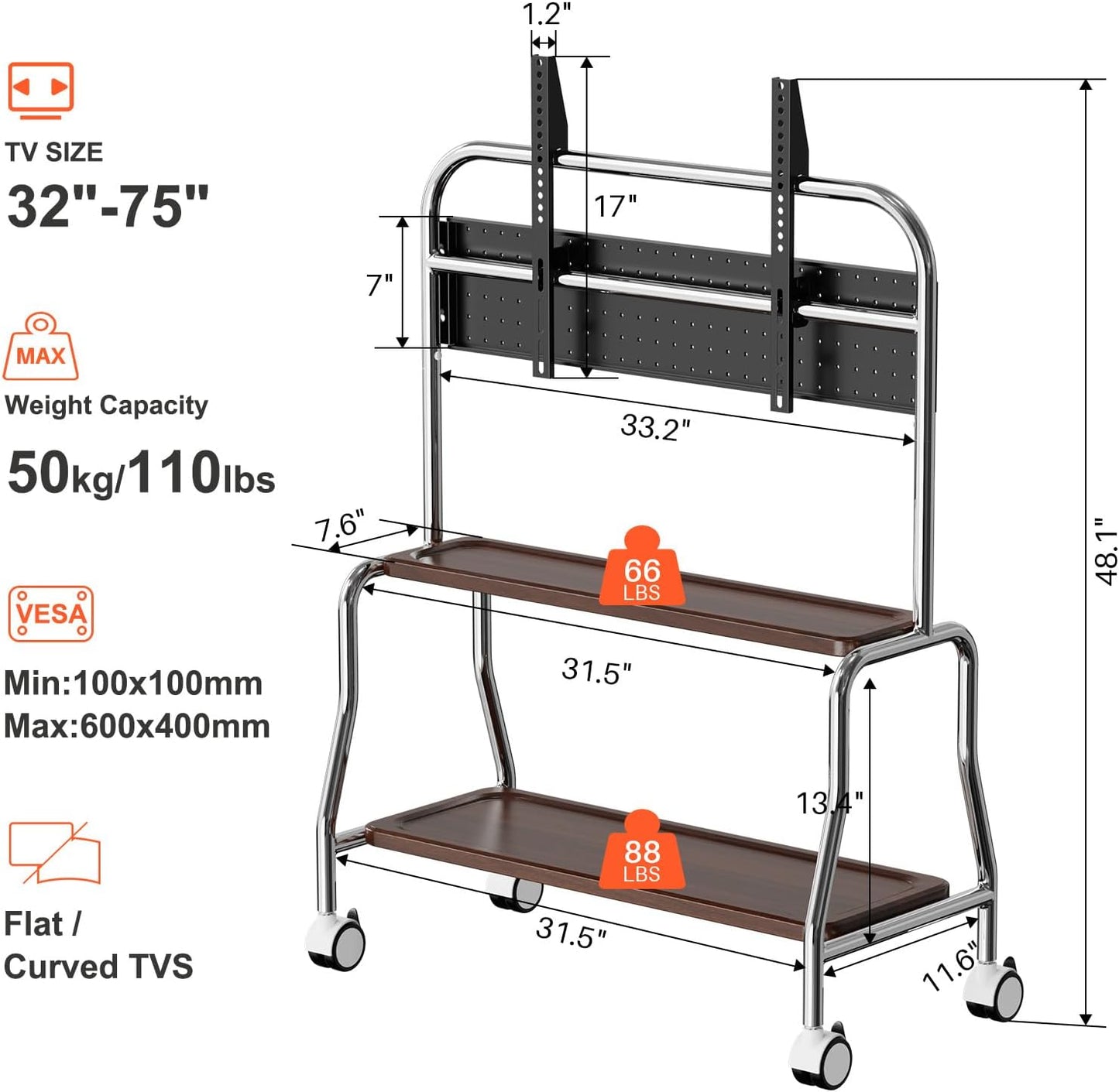 Skiennix Mobile TV Cart - Rolling Stand for 32 to 75 Inch Flat Screens | Stainless Steel, Locking Wheels, 110 Lbs Capacity