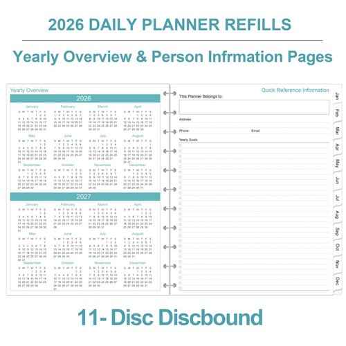 2026 Planner Refills, 11-Disc Discbound One Page Per Day, Daily ＆ Monthly Planner Refill from January 2026 - December 2026, Letter Size, 8.5" x 11"