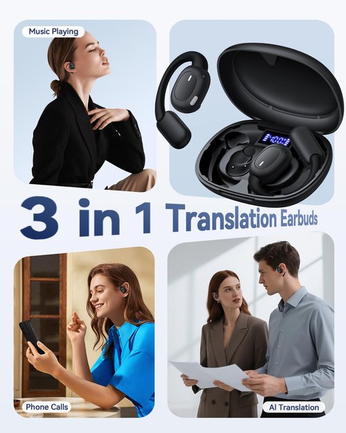 AI Translation Earbuds Real Time 164 Languages Translator Earbuds with 80H Play Time 3 in 1 Open-Ear Translation Headphones with Audio & Video Translation for Travel Business Meeting Learning (Black)