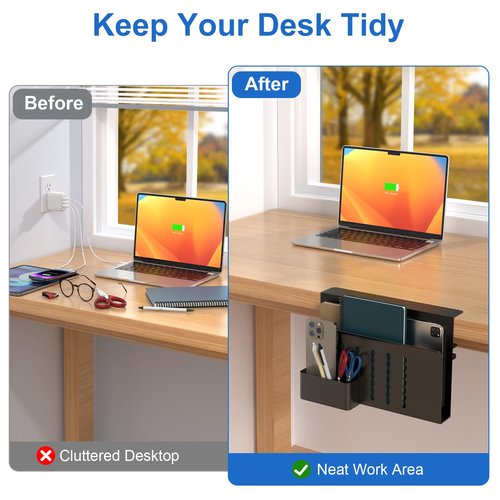 HAMOPY Desk Side Storage, Single-Layer Steel Hanging Desk Organizer with Magnetic Pen Holder, No Drilling Desk Drawer Cable Management Tray, Under Table Laptop Holder for Office, School&Home(Black)