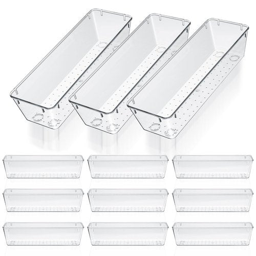 MAQUITA 12 Pcs Vanity Drawer Organizer 9 x 3 x 2 Inches Clear Plastic Utensil Organizers Kitchen Drawers Dividers for Office Desk Silverware Kitchen Utensils Cosmetics and Bathrooms(Clear)