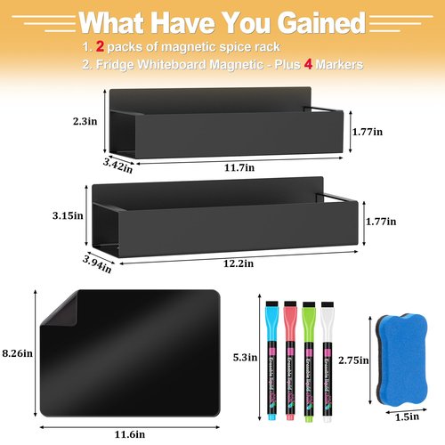 HETMI 3 Pack Strong Magnetic Spice Rack Set for Refrigerator with Magnetic Memo Board - Magnetic Organizer for Kitchen, Classroom, Office