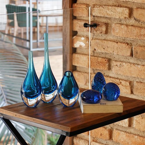 Ca D Oro Set of 3 Small Glass Paperweights Blue with Bubbles Hand Blown Murano-Style Art Glass - Models Flat/Ball/Egg