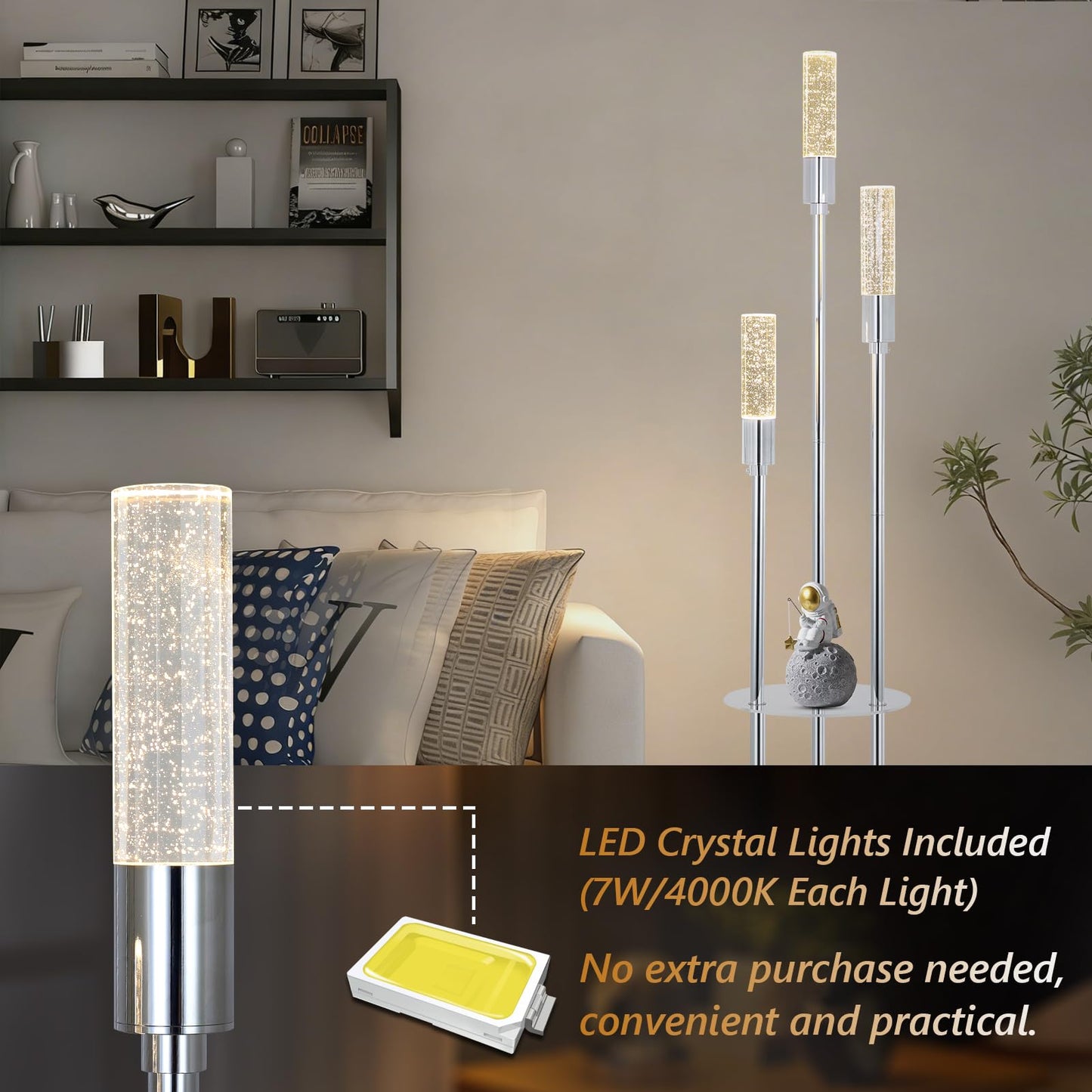 Stepeak Bubble Crystal Floor Lamp with Shelves, 3 Lights Modern Standing Lamps for Living Room, Built-in LED Lights, Foot Switch, Industrial Tall Corner Floor Lamp for Bedroom Home Office, Silver