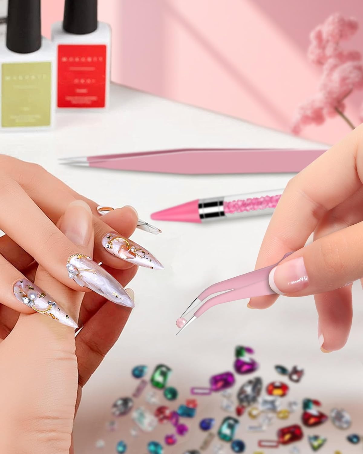 Skiennix Rhinestone Picker Tool Set - Rhinestone Applicator with 4 Pink Wax Heads & 2 Tweezers