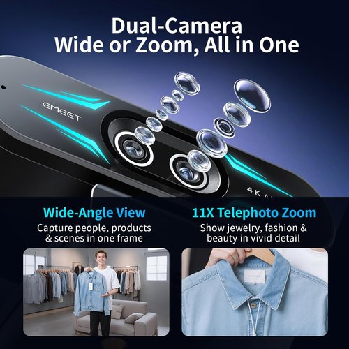 EMEET C60E 4K Dual-Camera Webcam - Wide-Angle & Telephoto, 11X Hybrid Zoom, RGB Lighting, 2 Mics